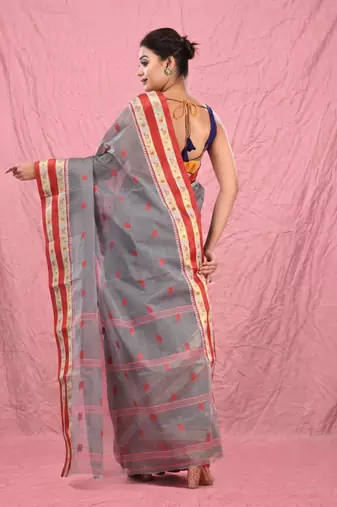 grey cotton blend taant saree with woven designs