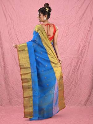 sapphire blue cotton blend taant saree with zari border 3