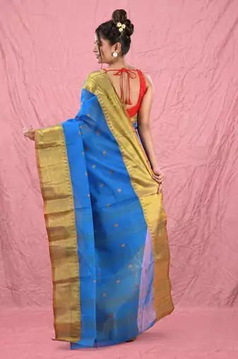 sapphire blue cotton blend taant saree with zari border