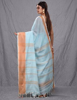 sea green cotton blend soft saree with temple bordar 3
