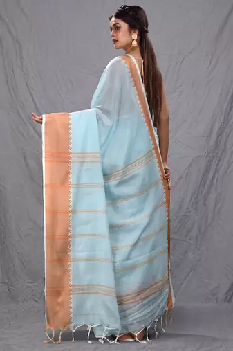sea green cotton blend soft saree with temple bordar