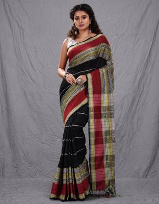 black cotton blend soft saree with woven design 1