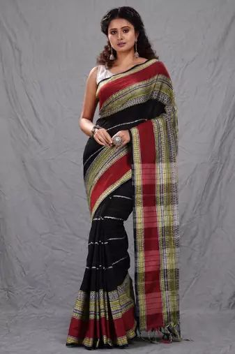 black cotton blend soft saree with woven design