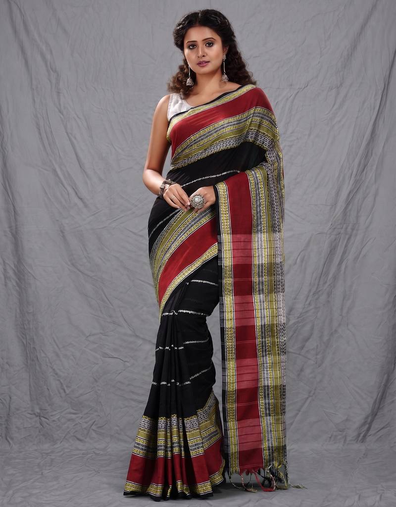 black cotton blend soft saree with woven design