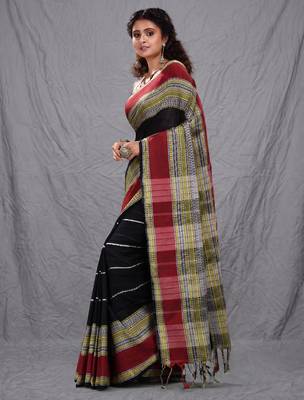 black cotton blend soft saree with woven design 2