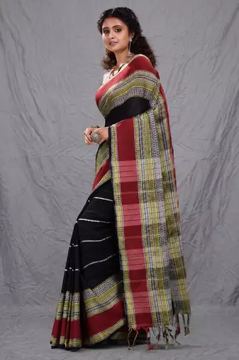 black cotton blend soft saree with woven design