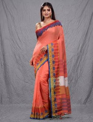 orange handspun cotton blend soft saree with woven design 1