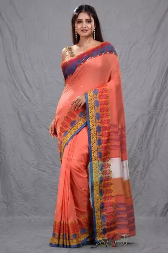 orange handspun cotton blend soft saree with woven design