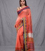 orange handspun cotton blend soft saree with woven design