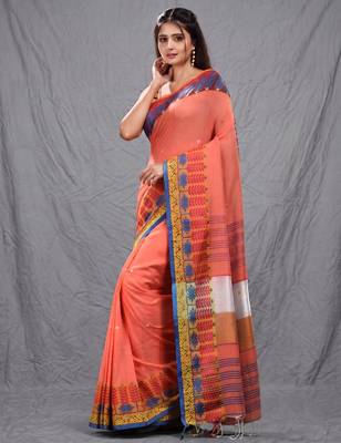orange handspun cotton blend soft saree with woven design 2