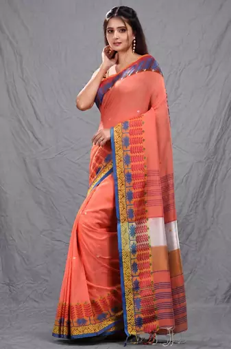 orange handspun cotton blend soft saree with woven design