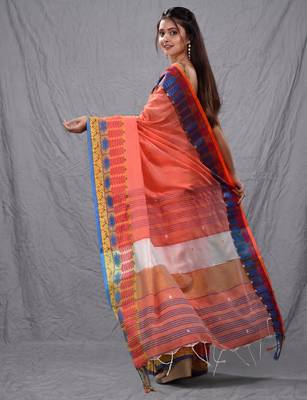orange handspun cotton blend soft saree with woven design 3