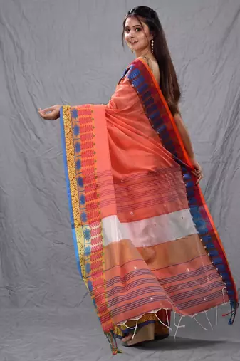 orange handspun cotton blend soft saree with woven design
