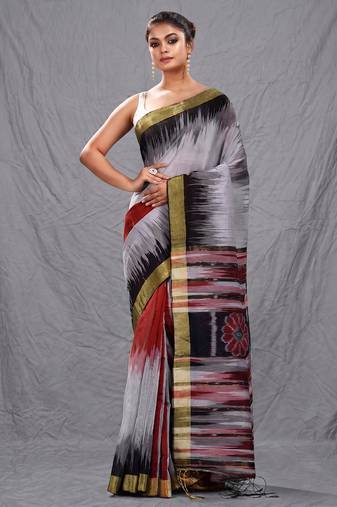 Multicolor blended cotton handwoven saree with ikkat design