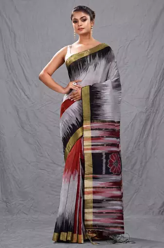 Multicolor blended cotton handwoven saree with ikkat design