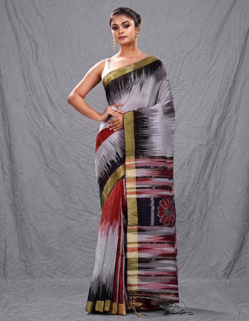 Multicolor blended cotton handwoven saree with ikkat design