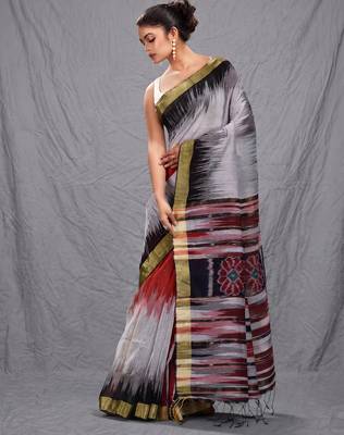 Multicolor blended cotton handwoven saree with ikkat design 2