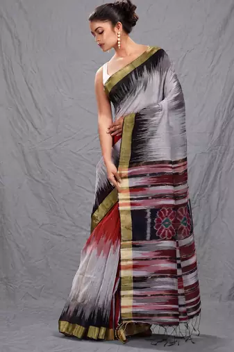 Multicolor blended cotton handwoven saree with ikkat design