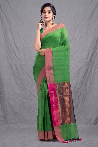 green cotton blend woven design soft saree with zari pallu