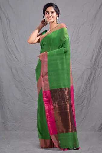 green cotton blend woven design soft saree with zari pallu