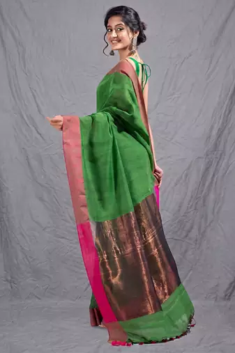 green cotton blend woven design soft saree with zari pallu