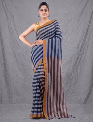 black and brown half & half cotton blend handwoven soft saree 1