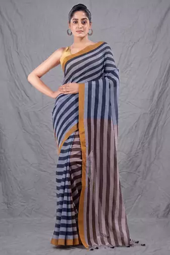 black and brown half & half cotton blend handwoven soft saree