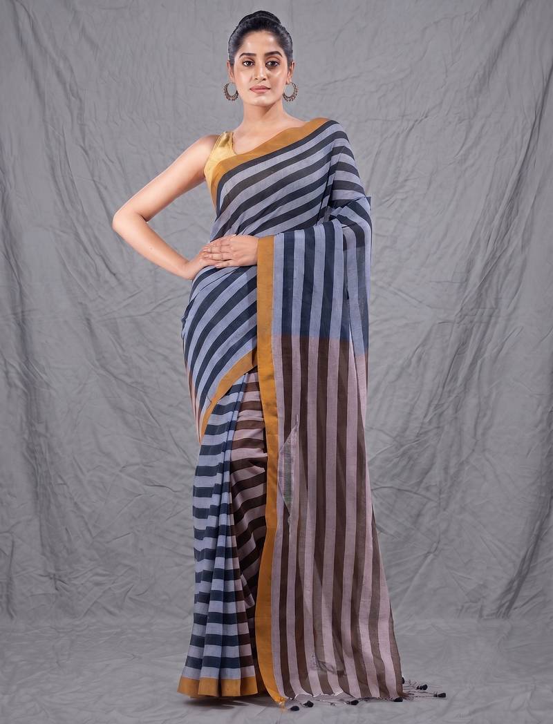 black and brown half & half cotton blend handwoven soft saree