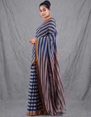 black and brown half & half cotton blend handwoven soft saree 2
