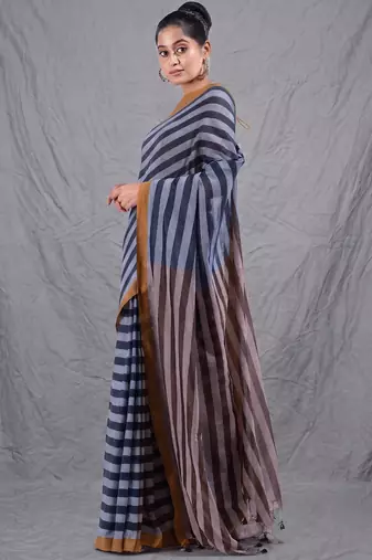 black and brown half & half cotton blend handwoven soft saree