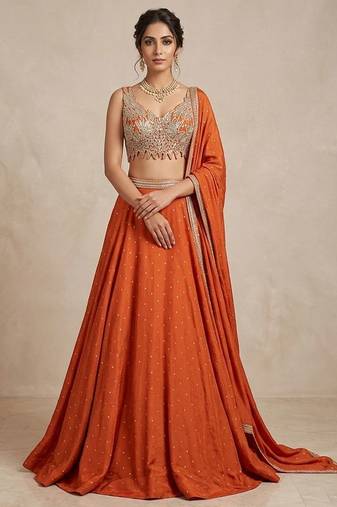 Orange Georgette Embellished Lehenga Set with Cutwork Blouse