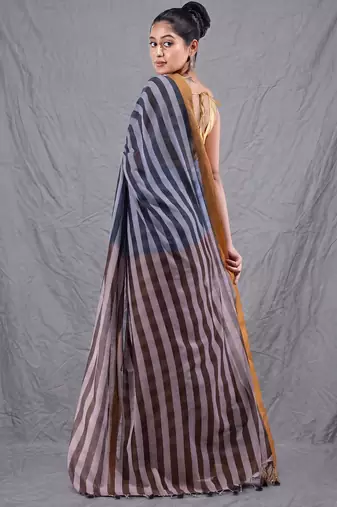 black and brown half & half cotton blend handwoven soft saree