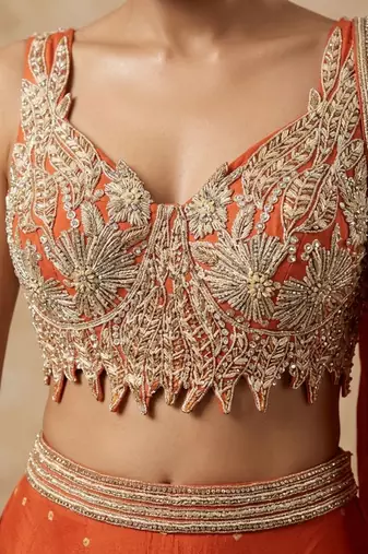 Orange Georgette Embellished Lehenga Set with Cutwork Blouse