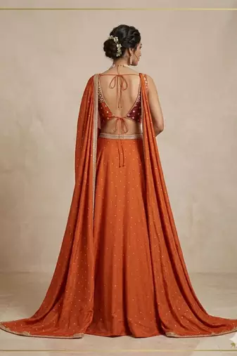 Orange Georgette Embellished Lehenga Set with Cutwork Blouse