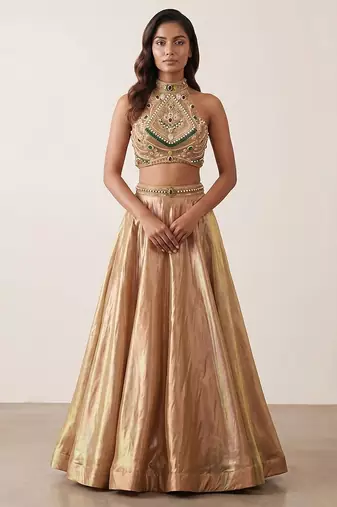 Royal Gold Tissue Geometric Embellished Lehenga Set