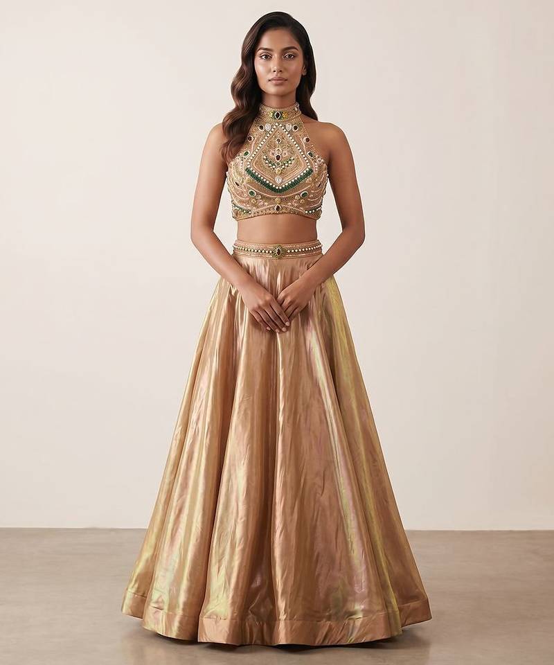 Royal Gold Tissue Geometric Embellished Lehenga Set