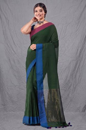 green cotton blend handwoven soft saree with zari border