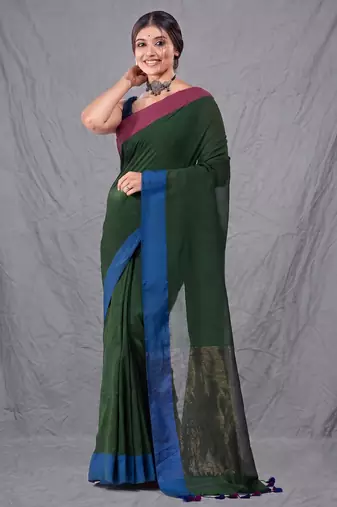 green cotton blend handwoven soft saree with zari border