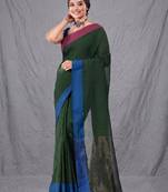 green cotton blend handwoven soft saree with zari border
