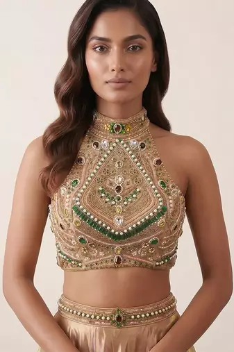 Royal Gold Tissue Geometric Embellished Lehenga Set
