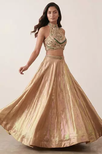 Royal Gold Tissue Geometric Embellished Lehenga Set