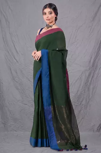 green cotton blend handwoven soft saree with zari border