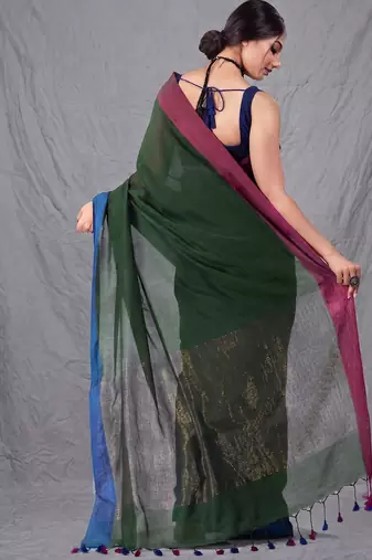 green cotton blend handwoven soft saree with zari border