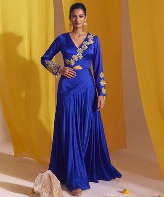 Royal Blue Goergette Satin Gold Metallic Floral Accented Drape Lehenga Set 1