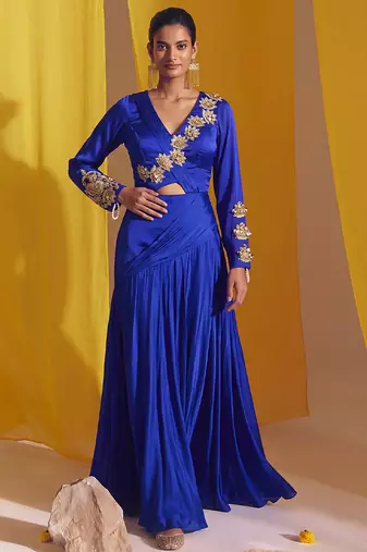 Royal Blue Goergette Satin Gold Metallic Floral Accented Drape Lehenga Set