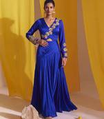Royal Blue Goergette Satin Gold Metallic Floral Accented Drape Lehenga Set