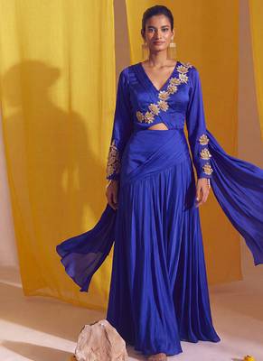 Royal Blue Goergette Satin Gold Metallic Floral Accented Drape Lehenga Set 2