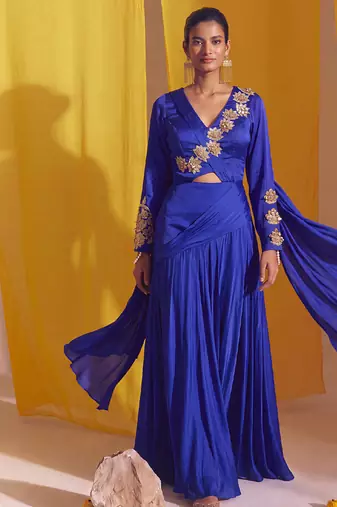 Royal Blue Goergette Satin Gold Metallic Floral Accented Drape Lehenga Set
