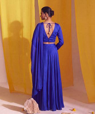 Royal Blue Goergette Satin Gold Metallic Floral Accented Drape Lehenga Set 3