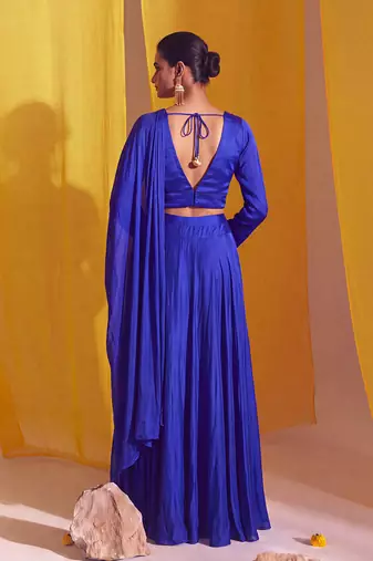 Royal Blue Goergette Satin Gold Metallic Floral Accented Drape Lehenga Set